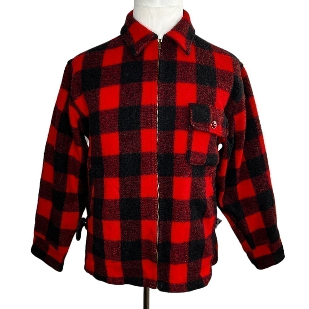 Woolrich Men’s Buffalo Red Black Plaid Wool Zip Up Jacket